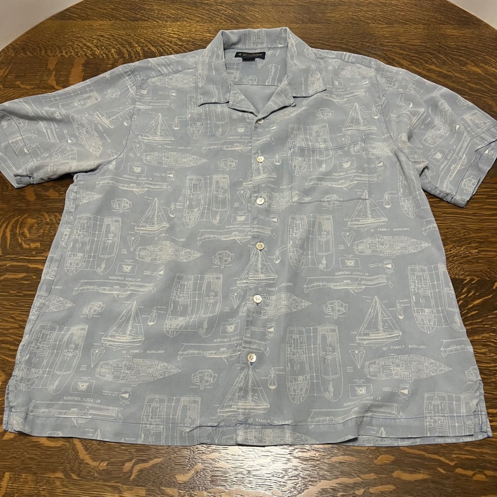 Brooks Brothers Shirt Mens XL Blue Silk Nautical Boat Blueprint Camp Collar